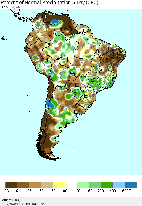 South America Percent of Normal Precipitation 5-Day (CPC) Thematic Map For 2/1/2022 - 2/5/2022