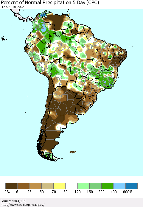 South America Percent of Normal Precipitation 5-Day (CPC) Thematic Map For 2/6/2022 - 2/10/2022