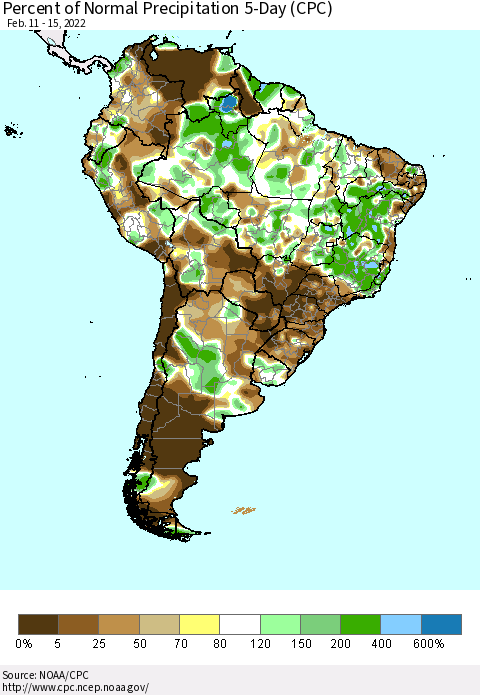 South America Percent of Normal Precipitation 5-Day (CPC) Thematic Map For 2/11/2022 - 2/15/2022