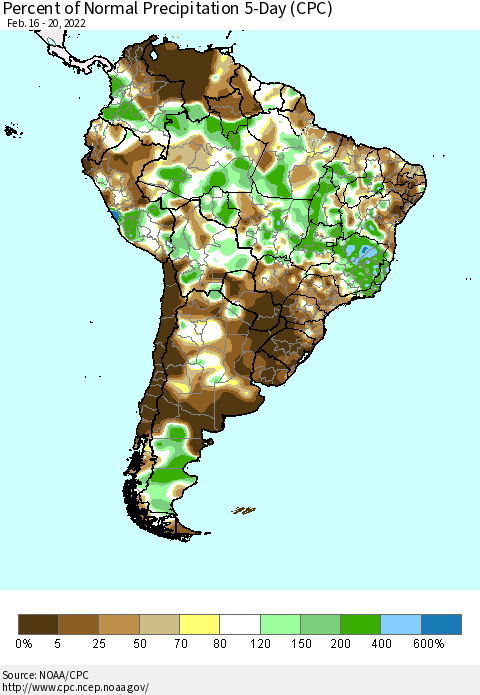 South America Percent of Normal Precipitation 5-Day (CPC) Thematic Map For 2/16/2022 - 2/20/2022