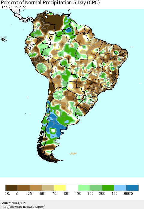 South America Percent of Normal Precipitation 5-Day (CPC) Thematic Map For 2/21/2022 - 2/25/2022