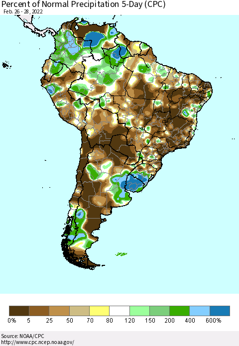 South America Percent of Normal Precipitation 5-Day (CPC) Thematic Map For 2/26/2022 - 2/28/2022