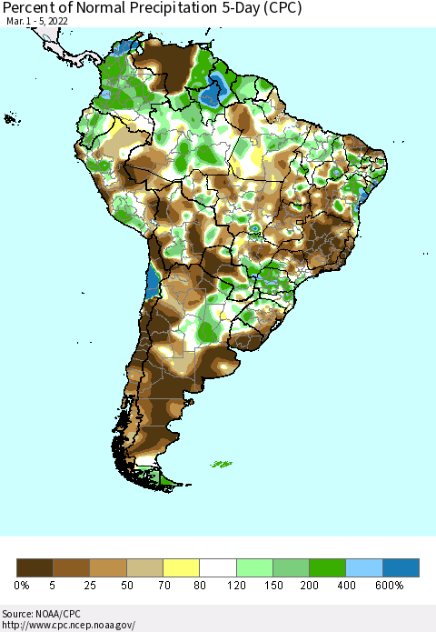 South America Percent of Normal Precipitation 5-Day (CPC) Thematic Map For 3/1/2022 - 3/5/2022