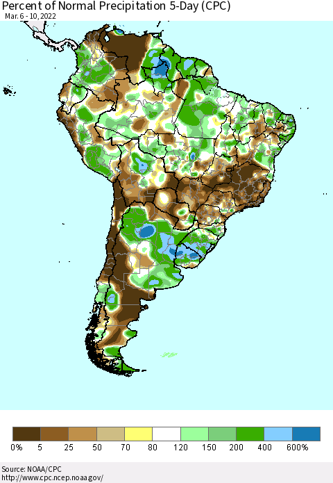 South America Percent of Normal Precipitation 5-Day (CPC) Thematic Map For 3/6/2022 - 3/10/2022