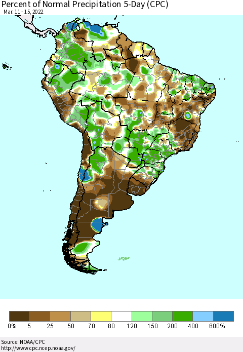 South America Percent of Normal Precipitation 5-Day (CPC) Thematic Map For 3/11/2022 - 3/15/2022
