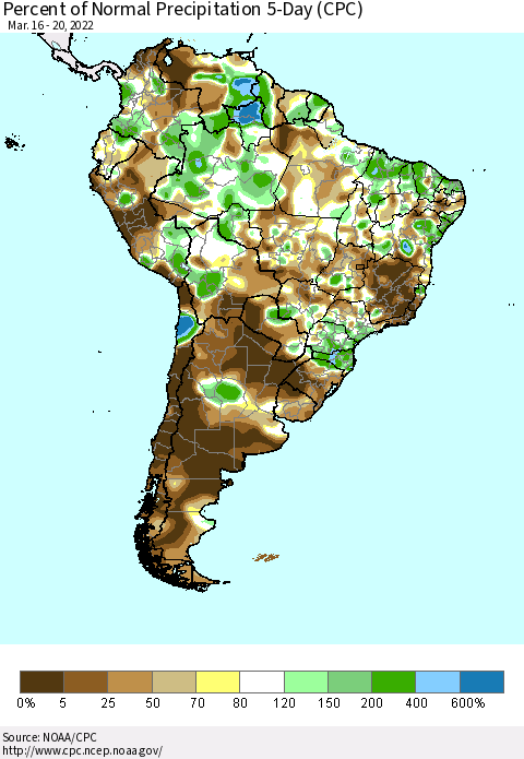 South America Percent of Normal Precipitation 5-Day (CPC) Thematic Map For 3/16/2022 - 3/20/2022