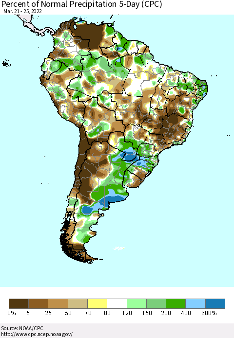 South America Percent of Normal Precipitation 5-Day (CPC) Thematic Map For 3/21/2022 - 3/25/2022