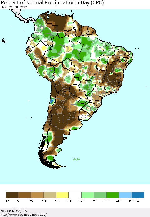 South America Percent of Normal Precipitation 5-Day (CPC) Thematic Map For 3/26/2022 - 3/31/2022