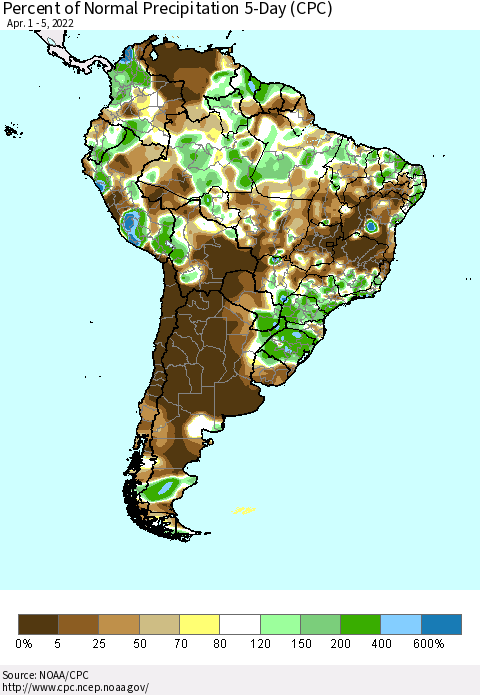 South America Percent of Normal Precipitation 5-Day (CPC) Thematic Map For 4/1/2022 - 4/5/2022