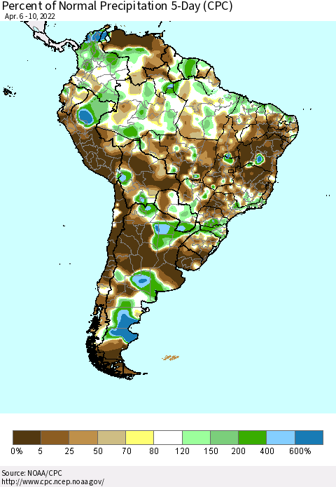 South America Percent of Normal Precipitation 5-Day (CPC) Thematic Map For 4/6/2022 - 4/10/2022