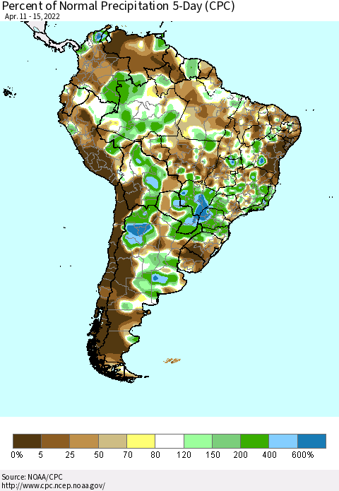 South America Percent of Normal Precipitation 5-Day (CPC) Thematic Map For 4/11/2022 - 4/15/2022