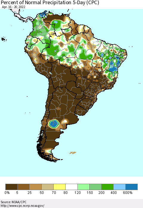 South America Percent of Normal Precipitation 5-Day (CPC) Thematic Map For 4/16/2022 - 4/20/2022