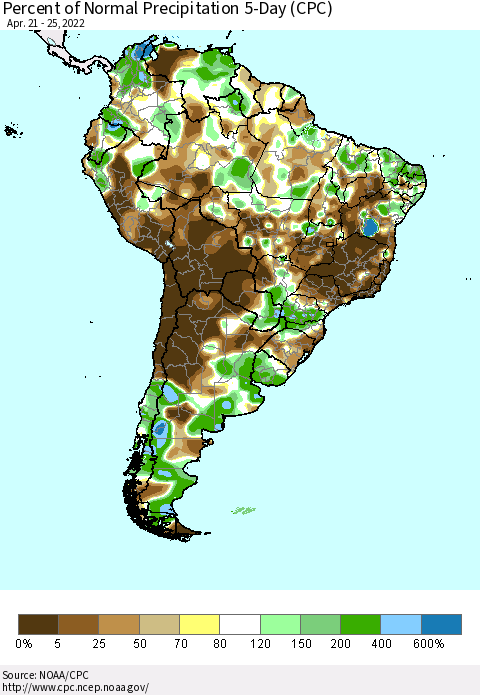 South America Percent of Normal Precipitation 5-Day (CPC) Thematic Map For 4/21/2022 - 4/25/2022