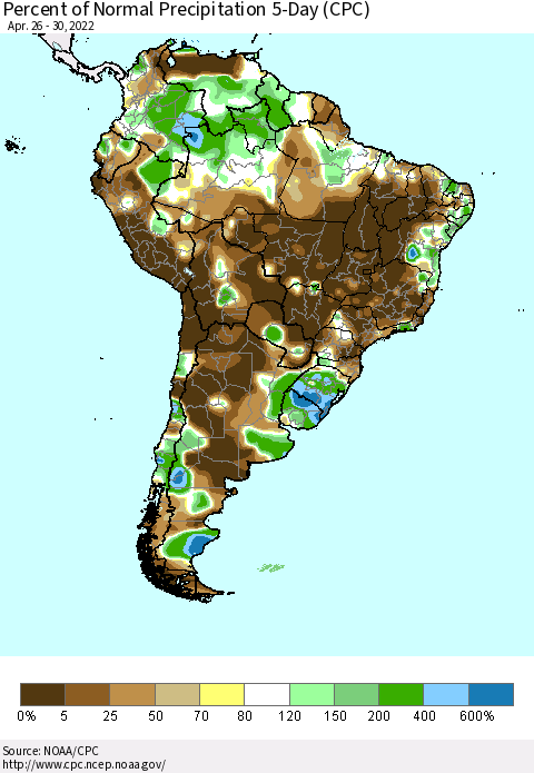 South America Percent of Normal Precipitation 5-Day (CPC) Thematic Map For 4/26/2022 - 4/30/2022