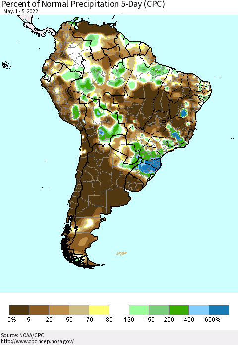 South America Percent of Normal Precipitation 5-Day (CPC) Thematic Map For 5/1/2022 - 5/5/2022