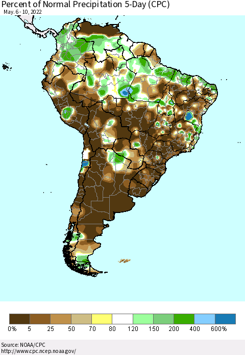 South America Percent of Normal Precipitation 5-Day (CPC) Thematic Map For 5/6/2022 - 5/10/2022