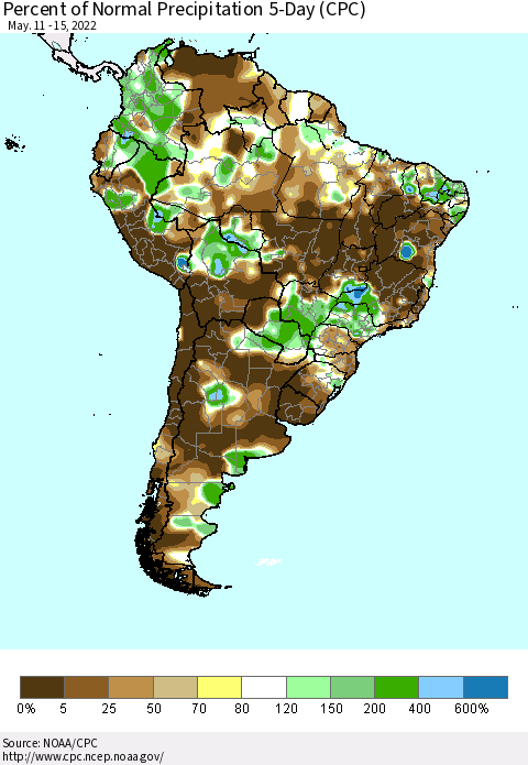 South America Percent of Normal Precipitation 5-Day (CPC) Thematic Map For 5/11/2022 - 5/15/2022