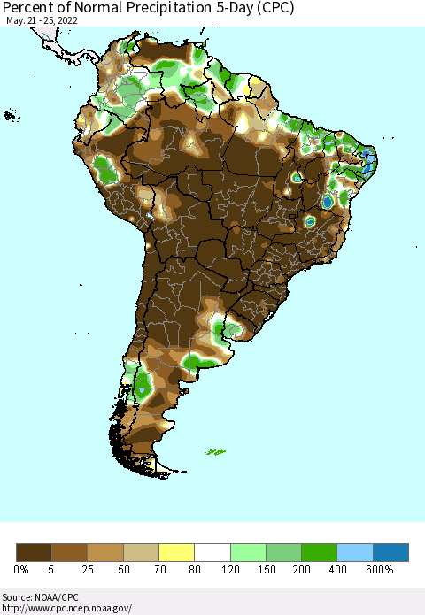 South America Percent of Normal Precipitation 5-Day (CPC) Thematic Map For 5/21/2022 - 5/25/2022