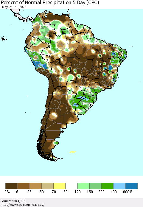 South America Percent of Normal Precipitation 5-Day (CPC) Thematic Map For 5/26/2022 - 5/31/2022