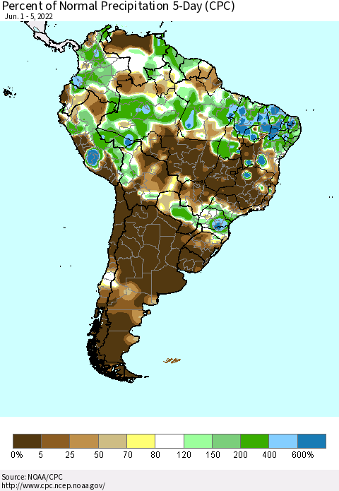 South America Percent of Normal Precipitation 5-Day (CPC) Thematic Map For 6/1/2022 - 6/5/2022