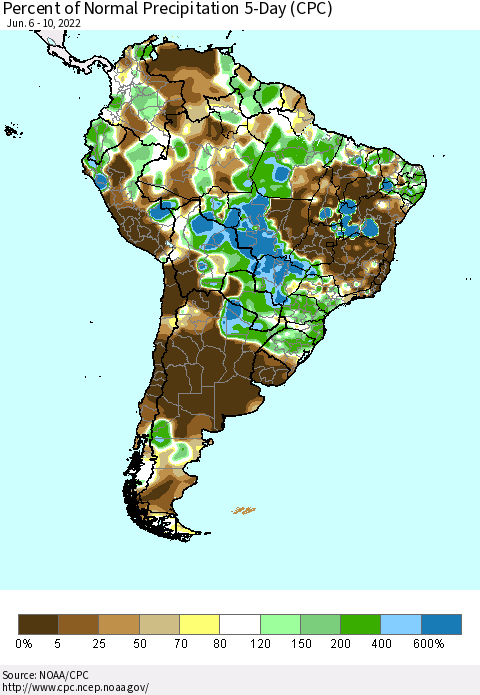 South America Percent of Normal Precipitation 5-Day (CPC) Thematic Map For 6/6/2022 - 6/10/2022