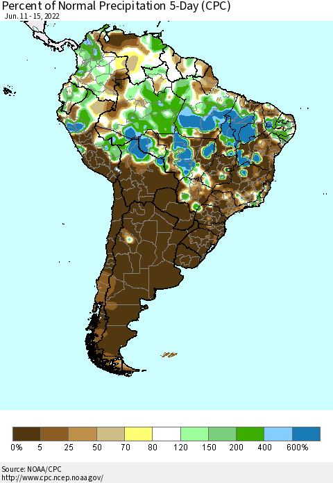 South America Percent of Normal Precipitation 5-Day (CPC) Thematic Map For 6/11/2022 - 6/15/2022