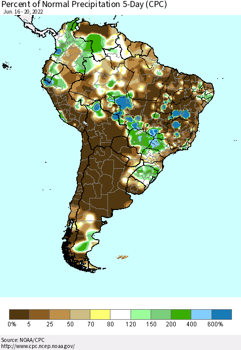 South America Percent of Normal Precipitation 5-Day (CPC) Thematic Map For 6/16/2022 - 6/20/2022