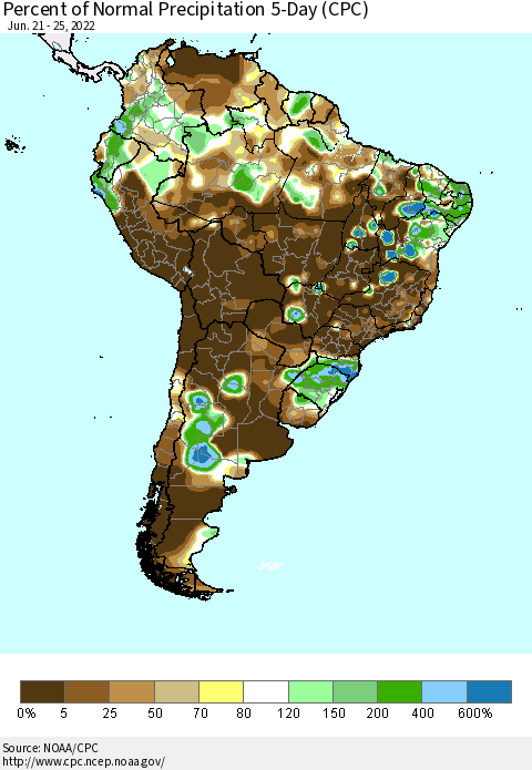 South America Percent of Normal Precipitation 5-Day (CPC) Thematic Map For 6/21/2022 - 6/25/2022