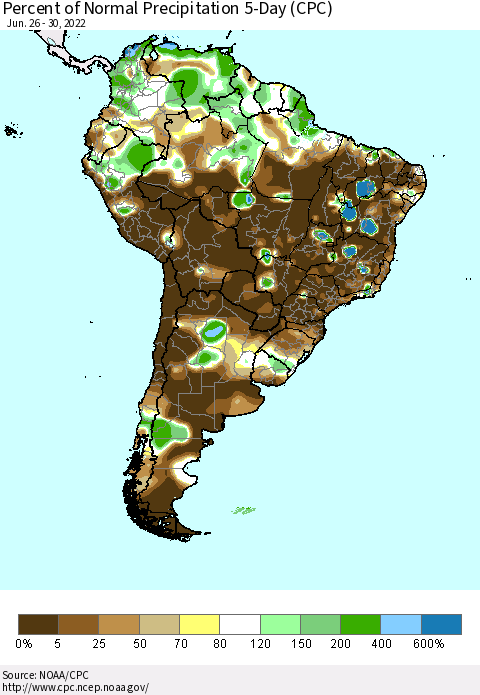 South America Percent of Normal Precipitation 5-Day (CPC) Thematic Map For 6/26/2022 - 6/30/2022