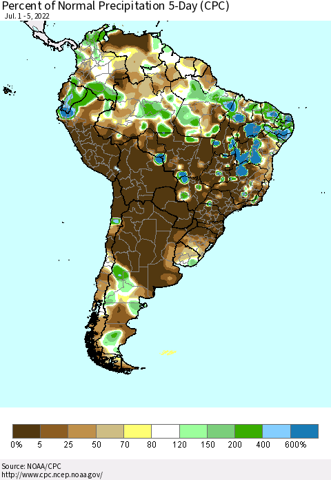 South America Percent of Normal Precipitation 5-Day (CPC) Thematic Map For 7/1/2022 - 7/5/2022