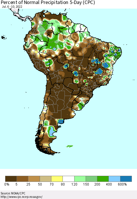 South America Percent of Normal Precipitation 5-Day (CPC) Thematic Map For 7/6/2022 - 7/10/2022