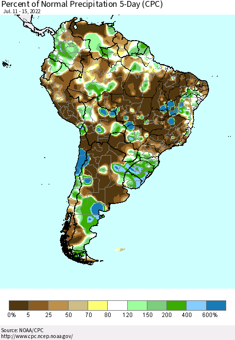 South America Percent of Normal Precipitation 5-Day (CPC) Thematic Map For 7/11/2022 - 7/15/2022