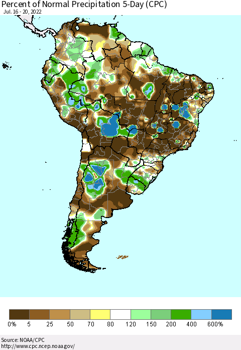 South America Percent of Normal Precipitation 5-Day (CPC) Thematic Map For 7/16/2022 - 7/20/2022