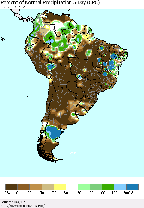 South America Percent of Normal Precipitation 5-Day (CPC) Thematic Map For 7/21/2022 - 7/25/2022