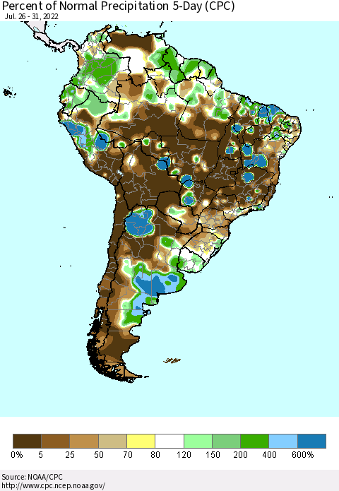 South America Percent of Normal Precipitation 5-Day (CPC) Thematic Map For 7/26/2022 - 7/31/2022