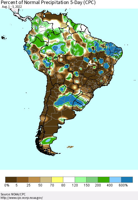 South America Percent of Normal Precipitation 5-Day (CPC) Thematic Map For 8/1/2022 - 8/5/2022
