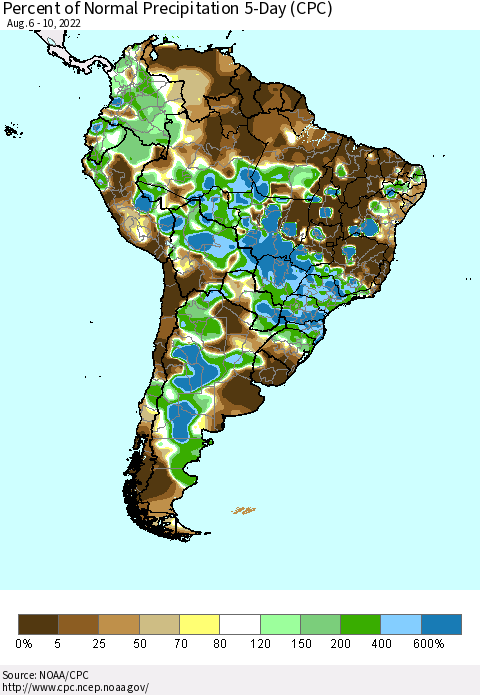 South America Percent of Normal Precipitation 5-Day (CPC) Thematic Map For 8/6/2022 - 8/10/2022