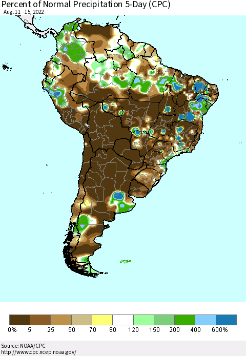 South America Percent of Normal Precipitation 5-Day (CPC) Thematic Map For 8/11/2022 - 8/15/2022