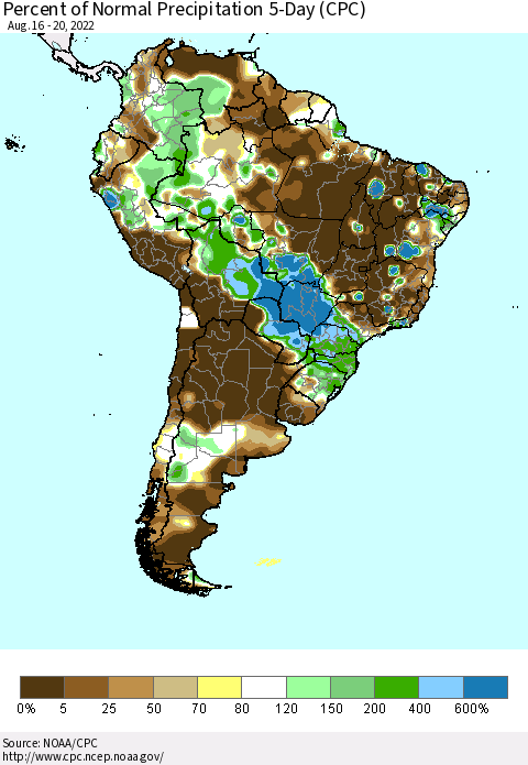 South America Percent of Normal Precipitation 5-Day (CPC) Thematic Map For 8/16/2022 - 8/20/2022