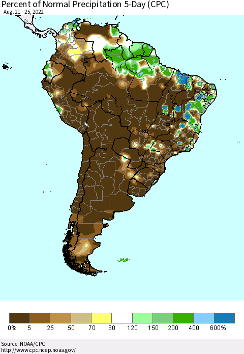 South America Percent of Normal Precipitation 5-Day (CPC) Thematic Map For 8/21/2022 - 8/25/2022