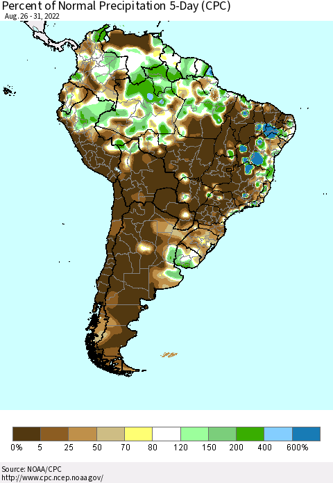 South America Percent of Normal Precipitation 5-Day (CPC) Thematic Map For 8/26/2022 - 8/31/2022