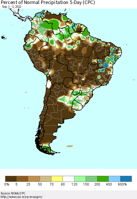 South America Percent of Normal Precipitation 5-Day (CPC) Thematic Map For 9/1/2022 - 9/5/2022