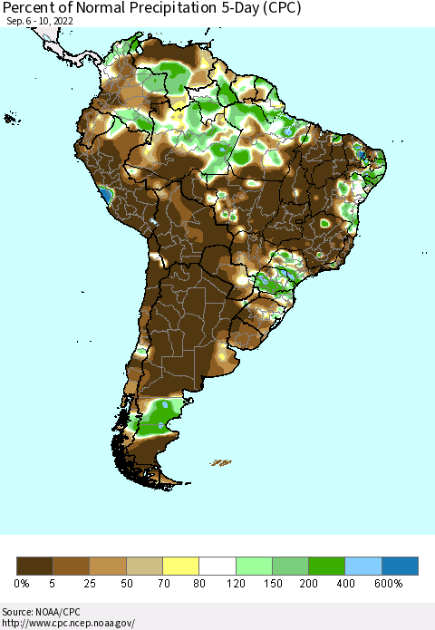 South America Percent of Normal Precipitation 5-Day (CPC) Thematic Map For 9/6/2022 - 9/10/2022