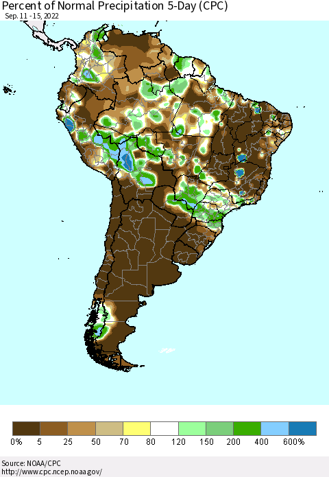 South America Percent of Normal Precipitation 5-Day (CPC) Thematic Map For 9/11/2022 - 9/15/2022