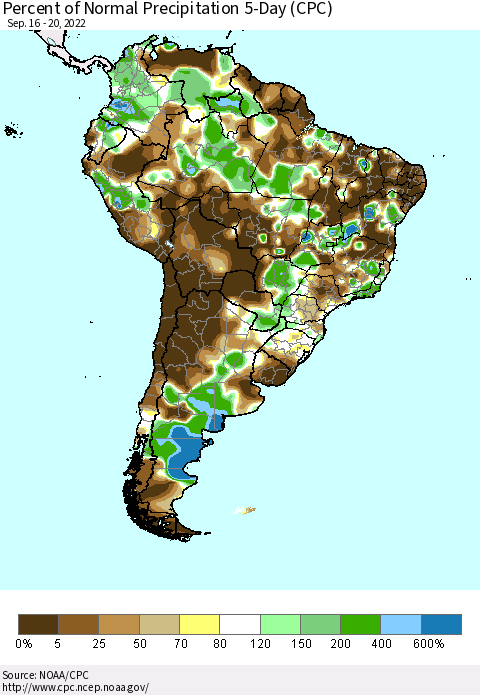 South America Percent of Normal Precipitation 5-Day (CPC) Thematic Map For 9/16/2022 - 9/20/2022
