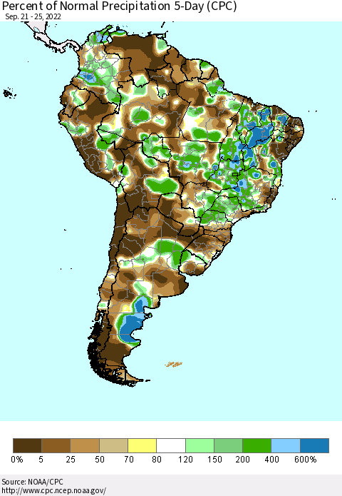 South America Percent of Normal Precipitation 5-Day (CPC) Thematic Map For 9/21/2022 - 9/25/2022
