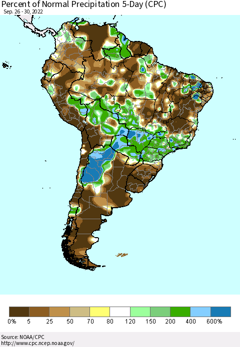 South America Percent of Normal Precipitation 5-Day (CPC) Thematic Map For 9/26/2022 - 9/30/2022