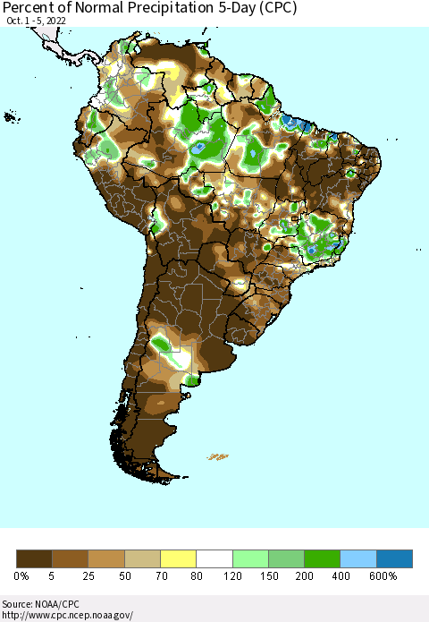 South America Percent of Normal Precipitation 5-Day (CPC) Thematic Map For 10/1/2022 - 10/5/2022