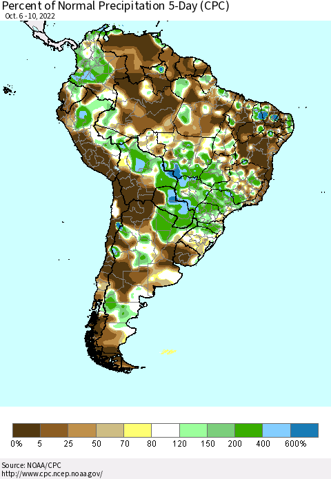 South America Percent of Normal Precipitation 5-Day (CPC) Thematic Map For 10/6/2022 - 10/10/2022