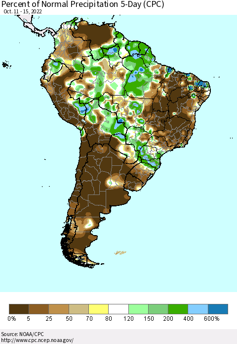 South America Percent of Normal Precipitation 5-Day (CPC) Thematic Map For 10/11/2022 - 10/15/2022